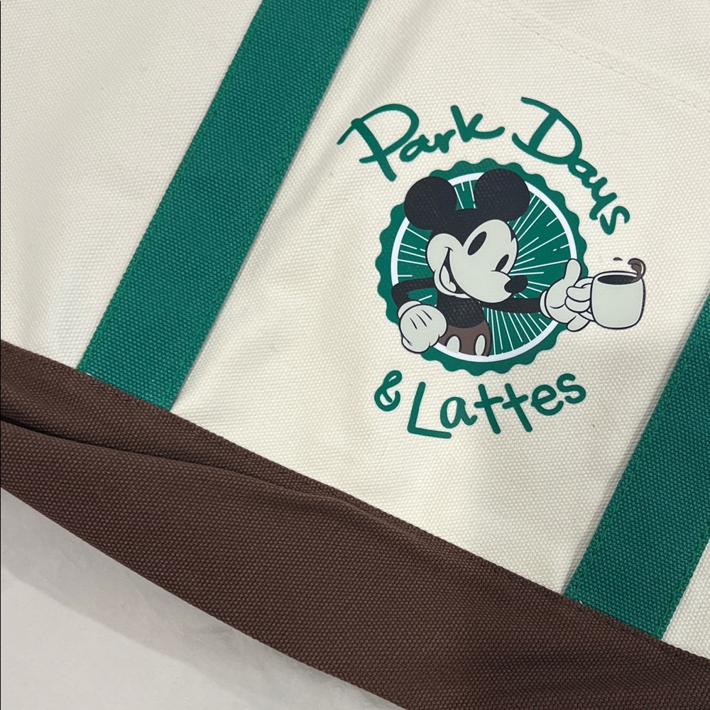 Starbucks/Disneyland Cream Canvas Tote with Green Straps and Brown Base - Picture 8 of 9
